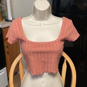 Aerie offline S NWT light rust SCALLOPED EDGES WIDE RIBBED SQUARE NECK C…